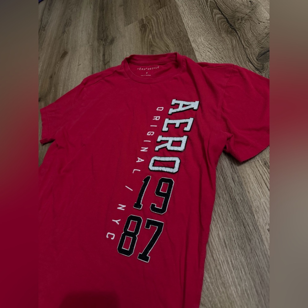 Aeropostale Red Short Sleeve Tee with Vertical AERO 1987 Graphic